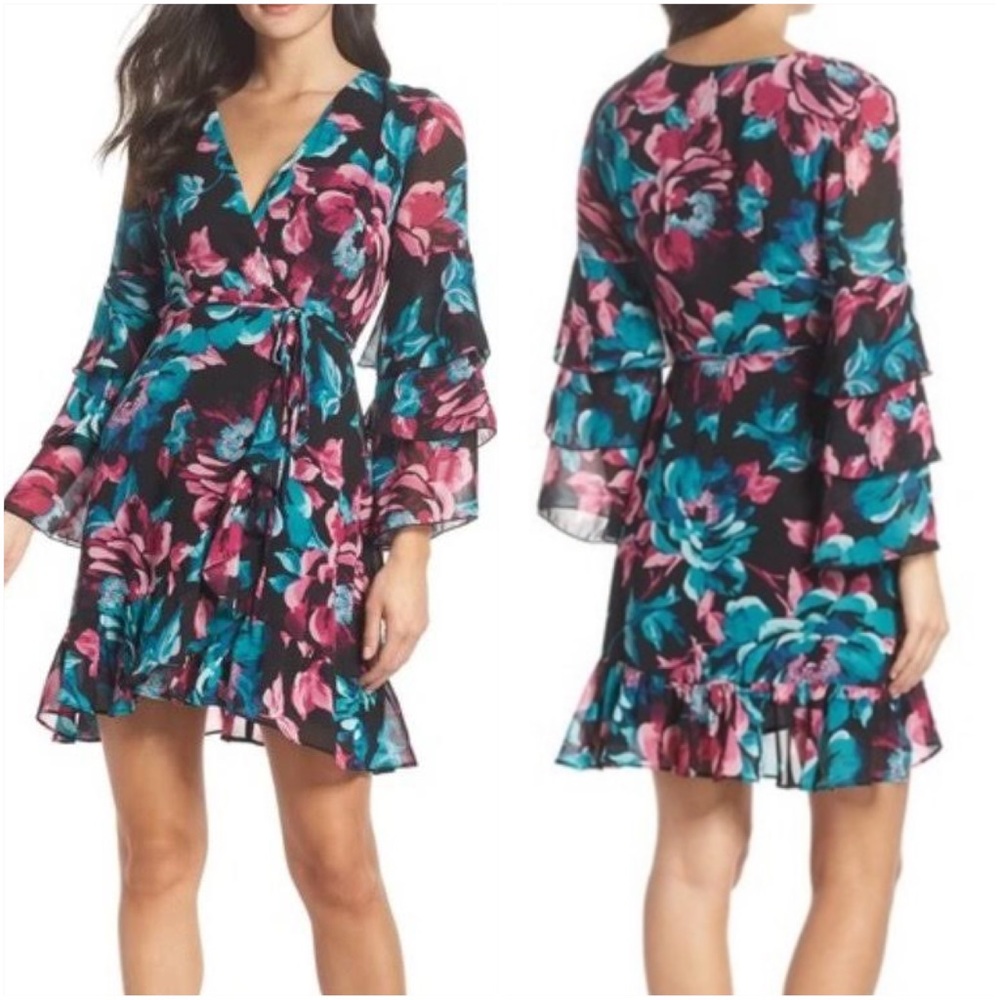 Charles Henry Tiered Sleeve Floral Mini Wrap Dress Medium Petite